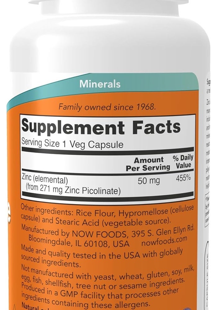 Now Foods Zinc Picolinate 50mg 120 Veg Capsules - Image 2