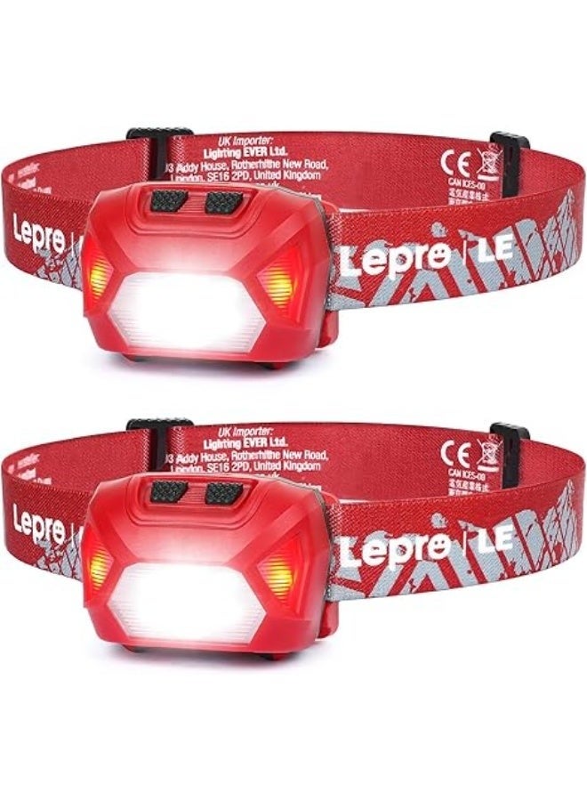Lepro Headlights, LED Headlamps, High Brightness, Battery Operated, Spot/Wide Beam Switching/Red Sub-LED Included, 22 Hours/Waterproof Headlights for Outdoor Camping, Hiking, Emergency, Fishing - Red - Image 1