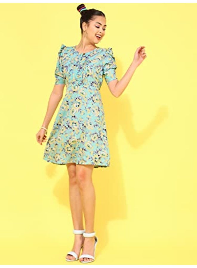 Oomph! Women's Western & Fusion wear Below Knee Shift Light Green Dress in Crepe Fabric with Round Neck and Puff Sleeves - md620m - Image 4