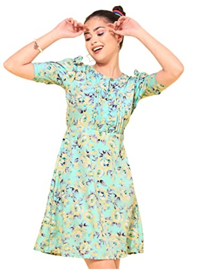 Oomph! Women's Western & Fusion wear Below Knee Shift Light Green Dress in Crepe Fabric with Round Neck and Puff Sleeves - md620m - Image 1