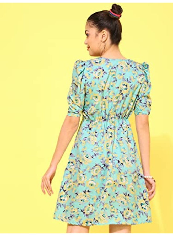 Oomph! Women's Western & Fusion wear Below Knee Shift Light Green Dress in Crepe Fabric with Round Neck and Puff Sleeves - md620m - Image 5