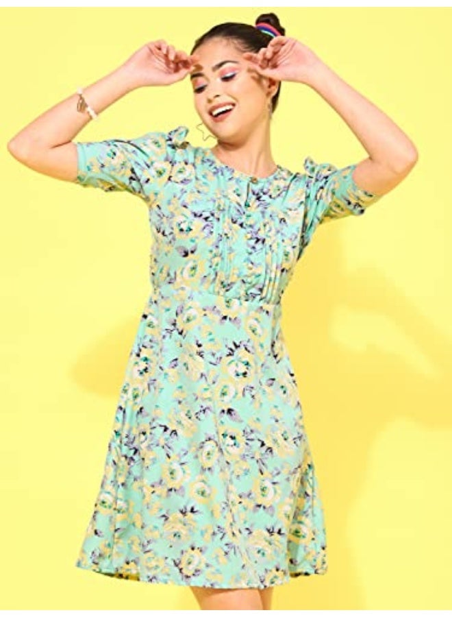 Oomph! Women's Western & Fusion wear Below Knee Shift Light Green Dress in Crepe Fabric with Round Neck and Puff Sleeves - md620m - Image 2