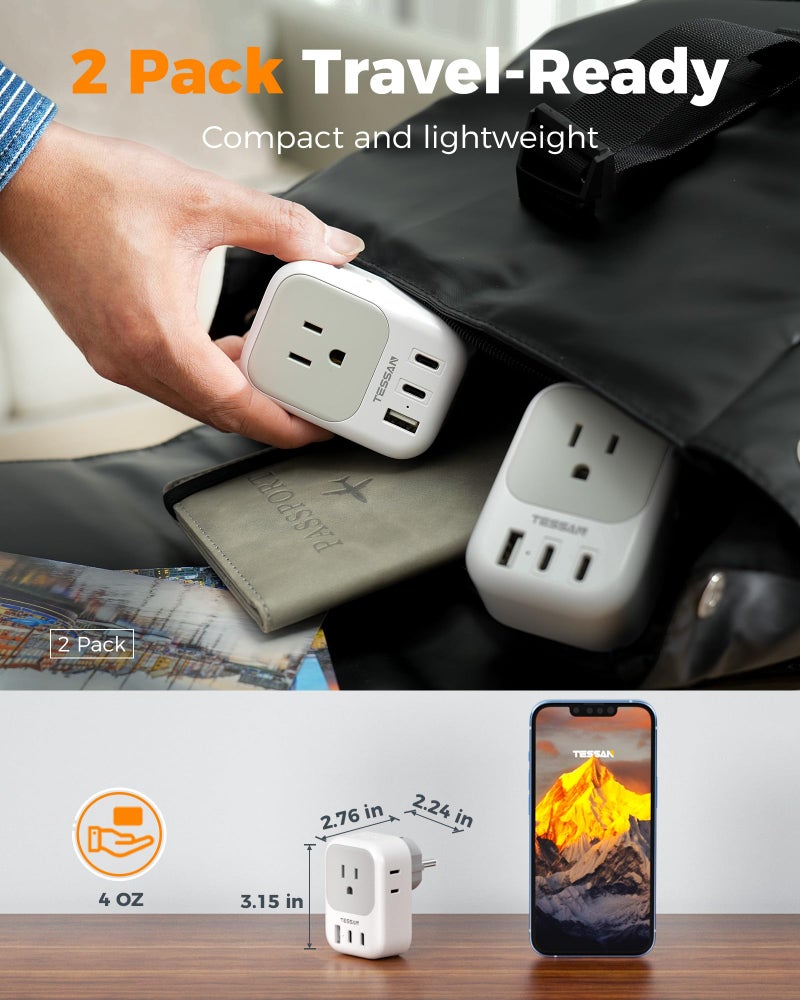 TESSAN 2 Pack Type E F Plug Adapter (2 USB-C), France Spain South Korea Power Adapter with 4 Outlets 3 USB, European Travel Adaptor for US to Germany Iceland Greece Portugal - Image 5