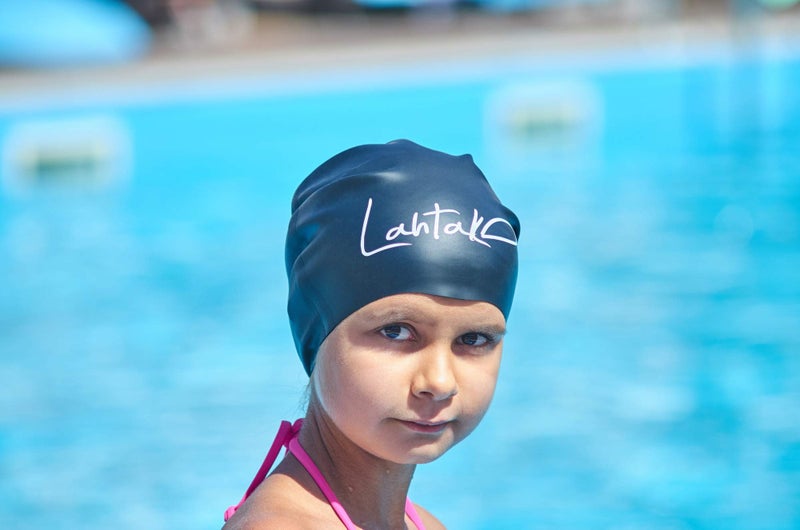 Lahtak Kids Swim Cap for Long Hair - Comfortable Fit Silicone Swimming Hat for Girls & Boys with Curly Hair, Braids, or Dreadlocks - Durable & Easy to Wear (Black, M) - Image 4