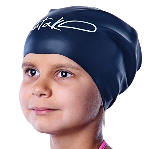 Lahtak Kids Swim Cap for Long Hair - Comfortable Fit Silicone Swimming Hat for Girls & Boys with Curly Hair, Braids, or Dreadlocks - Durable & Easy to Wear (Black, M) - Image 1