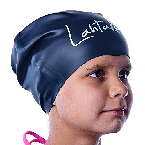 Lahtak Kids Swim Cap for Long Hair - Comfortable Fit Silicone Swimming Hat for Girls & Boys with Curly Hair, Braids, or Dreadlocks - Durable & Easy to Wear (Black, M) - Image 5