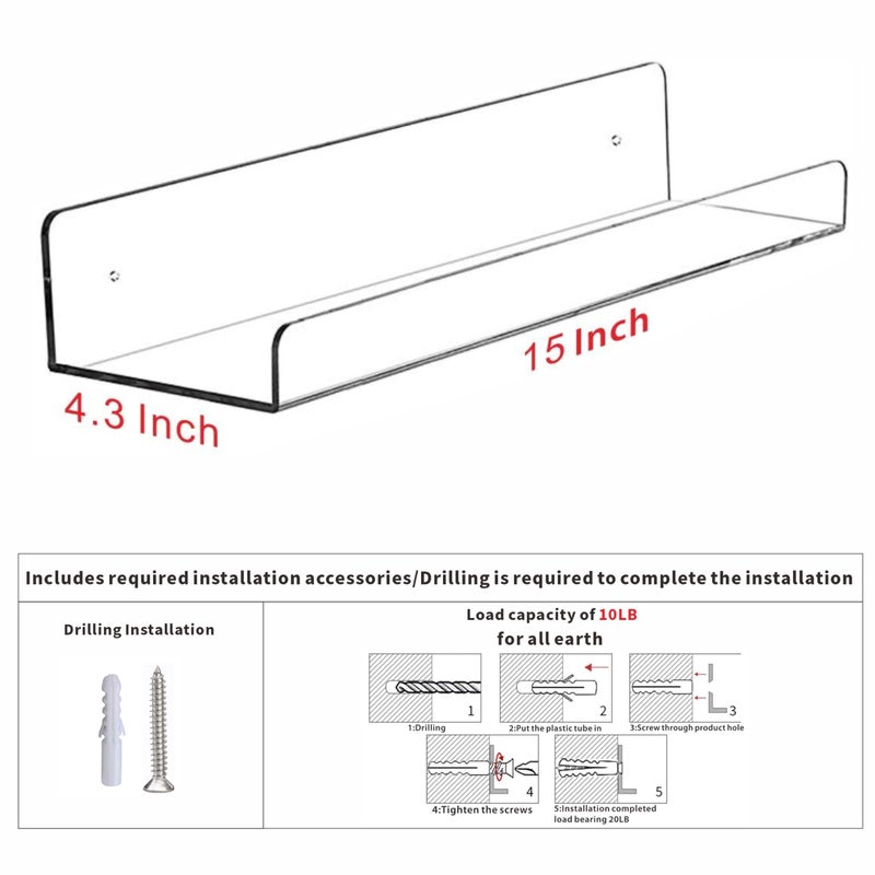 Cq acrylic 6 Pcak Clear Acrylic Shelves for Bedroom,Room,15 Inch Bathroom Wall Shelf & Organizer,Invisible Floating Shelves & Wall Storage for Collectibles Perfume Shelf,Record,Funko Pop,Lego Display,Bookshelf - Image 3