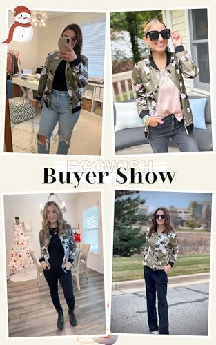 ECOWISH Women's Casual Floral Zip Up Bomber Jacket Coat Lightweight Short Camo No Lining Outwear Tops Windbreaker with Pocket 333Army Green Medium - Image 2