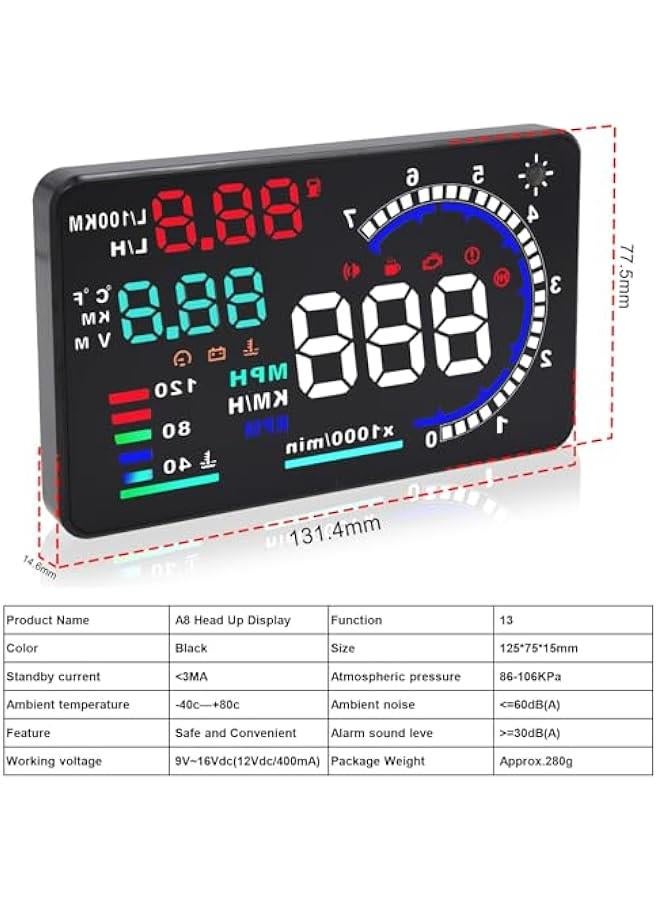 ANKOVO Head Up Display OBDII HUD Display for Cars A8 Head up Display 5.5in Digital Speedometer for Car MPH with Multiple Alarm,Light Sensor Windshield OBDII Interface only for Cars from 2012 Onwards - Image 3