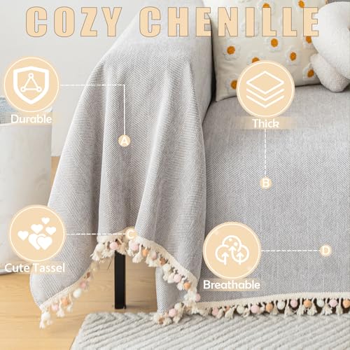 HANDONTIME Grey Sofa Cover for Couch Boho Couch Cover for 3 Seat Dog Couch Cover Love Seat Couch Covers Light Grey Sectional Cover 71" X118" Tassel Chenille Herringbone Sofa Covers Washable - Image 2