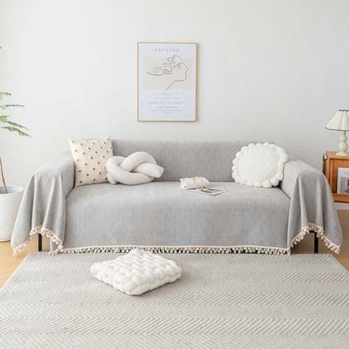 HANDONTIME Grey Sofa Cover for Couch Boho Couch Cover for 3 Seat Dog Couch Cover Love Seat Couch Covers Light Grey Sectional Cover 71" X118" Tassel Chenille Herringbone Sofa Covers Washable - Image 1