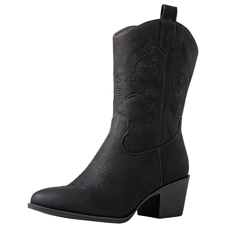 GLOBALWIN Women's Black Mid Calf Cowgirl Boots Classic Embroidered Western Cowboy Boots for Women Chunky Low Heel Size 8.5M - Image 1