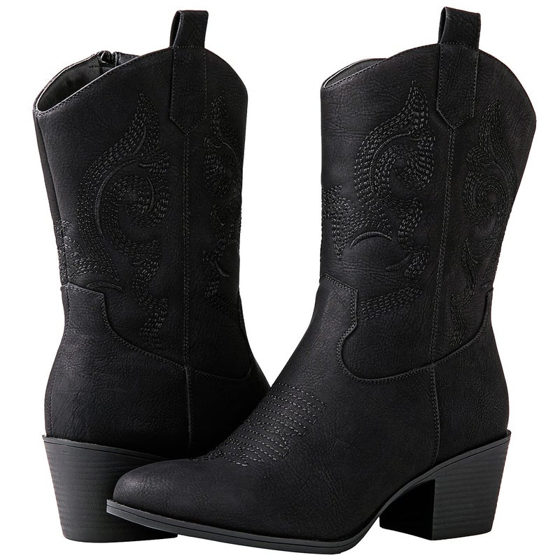 GLOBALWIN Women's Black Mid Calf Cowgirl Boots Classic Embroidered Western Cowboy Boots for Women Chunky Low Heel Size 8.5M - Image 2