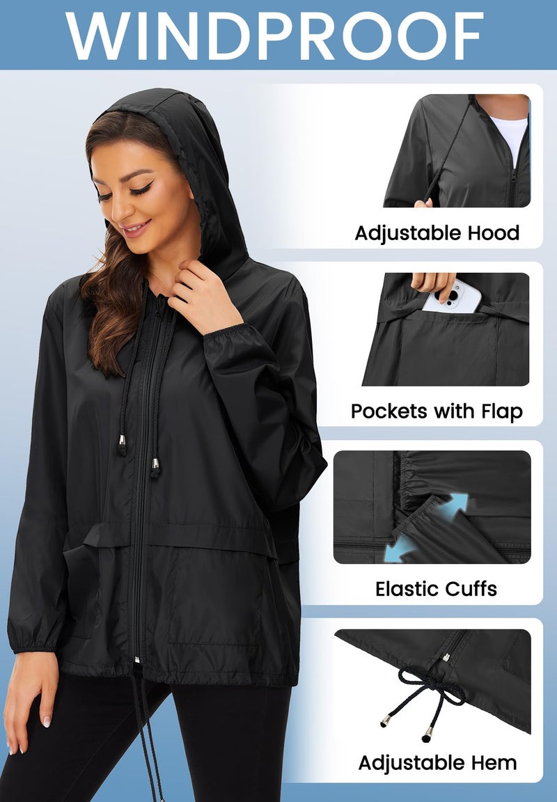 Zando Waterproof Windproof Windbreaker Jacket Women- Packable Raincoats for Women with Hood Black Rain Jacket Lightweight Rain Jackets for Outdoor Travel Hiking Commute Walk Gifts L - Image 5