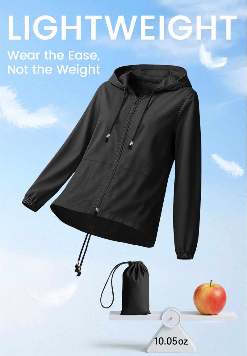 Zando Waterproof Windproof Windbreaker Jacket Women- Packable Raincoats for Women with Hood Black Rain Jacket Lightweight Rain Jackets for Outdoor Travel Hiking Commute Walk Gifts L - Image 3