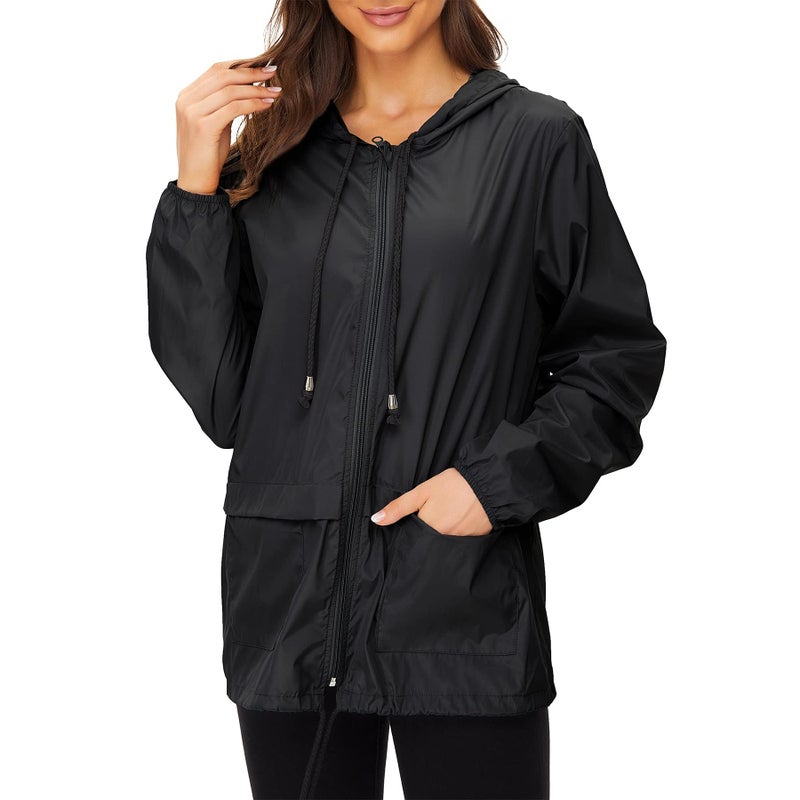 Zando Waterproof Windproof Windbreaker Jacket Women- Packable Raincoats for Women with Hood Black Rain Jacket Lightweight Rain Jackets for Outdoor Travel Hiking Commute Walk Gifts L - Image 1