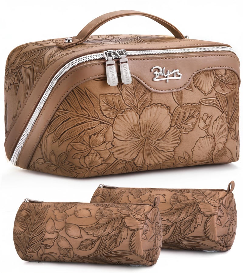 BOYATU Travel Makeup Bags Cosmetic Organizer Bag: 3-Set Large Capacity Make up Bag - PU Leather Toiletry Bags for Women - Wide Open Portable Pouch with Divider & Handle (01-Z-Brown) - Image 1