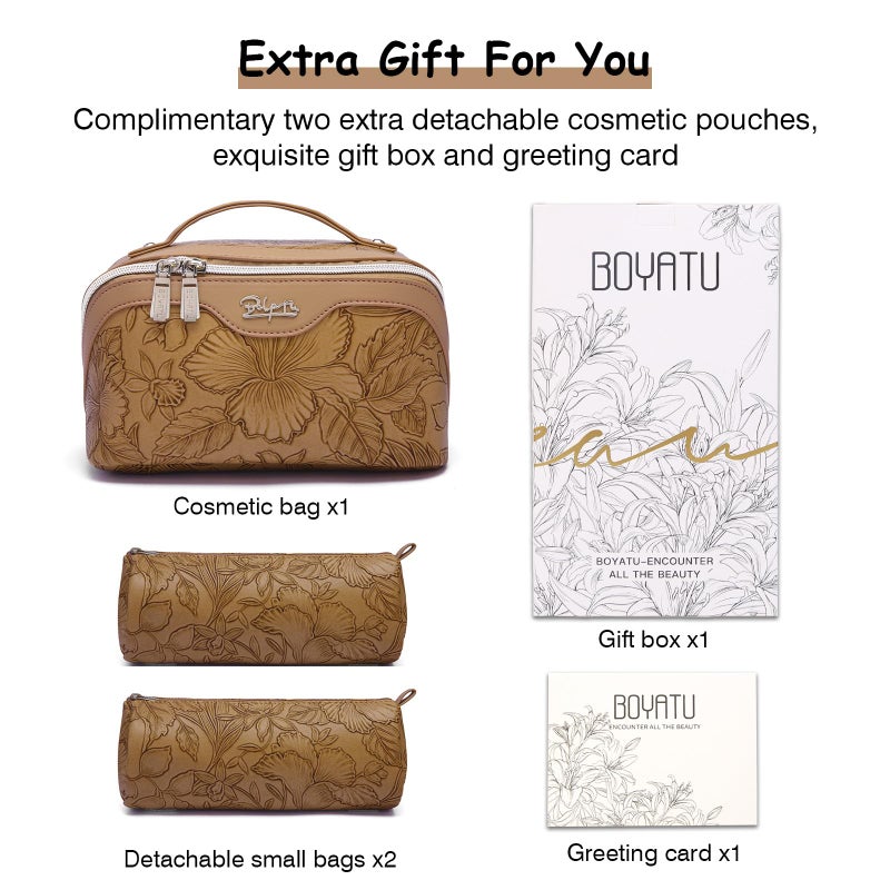 BOYATU Travel Makeup Bags Cosmetic Organizer Bag: 3-Set Large Capacity Make up Bag - PU Leather Toiletry Bags for Women - Wide Open Portable Pouch with Divider & Handle (01-Z-Brown) - Image 5