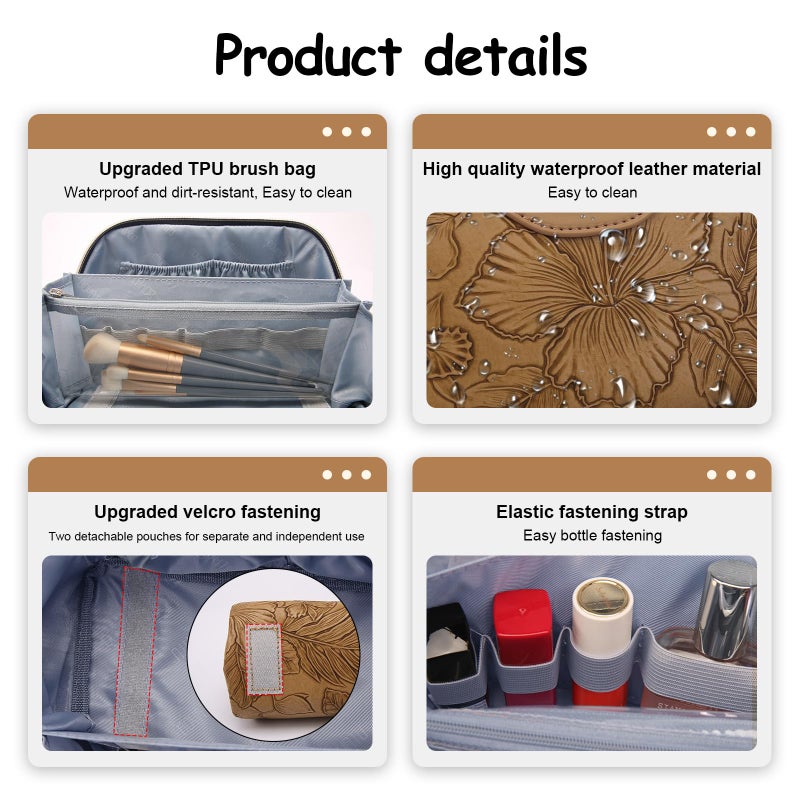 BOYATU Travel Makeup Bags Cosmetic Organizer Bag: 3-Set Large Capacity Make up Bag - PU Leather Toiletry Bags for Women - Wide Open Portable Pouch with Divider & Handle (01-Z-Brown) - Image 3