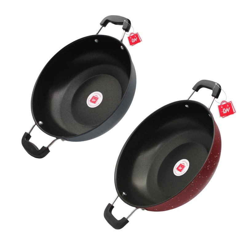 LAZYwindow Nonstick Kadhai Set - 26cm Diameter, Gray & Maroon (Pack of 2) - Durable, Easy-Clean Cookware - Image 1
