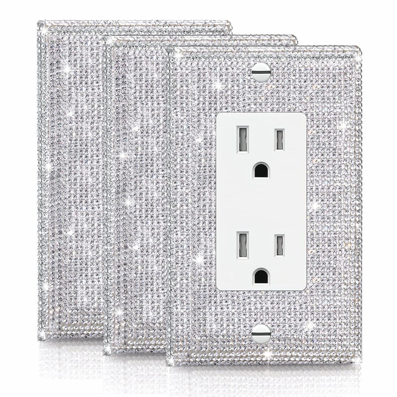 Gaocai 3 Pcs Silver Shiny Silver Rhinestones Wall Plates Light Switch Cover Plate Decorative Wall Plate Outlet Covers Durable Wall Outlet
