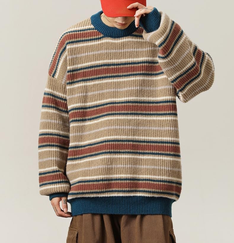 POHADON Mens Y2k Striped Sweater Vintage Aesthetic Grandpa Knitted Pullover Tops Long Sleeve Crewneck Women Grunge Clothes (b Khaki,M) - Image 2