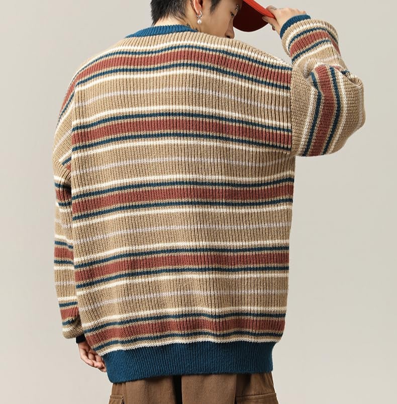 POHADON Mens Y2k Striped Sweater Vintage Aesthetic Grandpa Knitted Pullover Tops Long Sleeve Crewneck Women Grunge Clothes (b Khaki,M) - Image 3