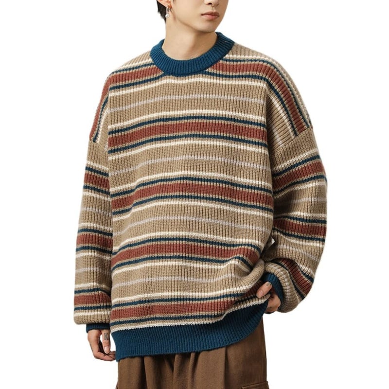 POHADON Mens Y2k Striped Sweater Vintage Aesthetic Grandpa Knitted Pullover Tops Long Sleeve Crewneck Women Grunge Clothes (b Khaki,M) - Image 1