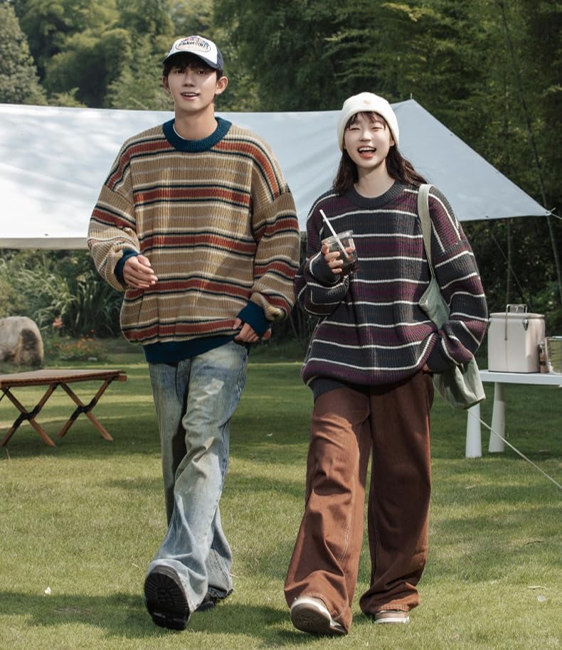 POHADON Mens Y2k Striped Sweater Vintage Aesthetic Grandpa Knitted Pullover Tops Long Sleeve Crewneck Women Grunge Clothes (b Khaki,M) - Image 5