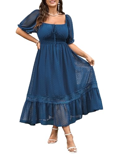 SHESTARR Women's Plus Size Maxi Dress Short Sleeve Square Neck Tie Front Swiss Dot A Line Wedding Guest Dresses Blue - Image 1