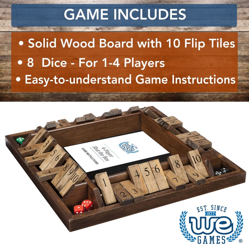 WE Games 14 inch 1-4 Player Shut The Box Wooden Board Game, Walnut Stain - Image 4