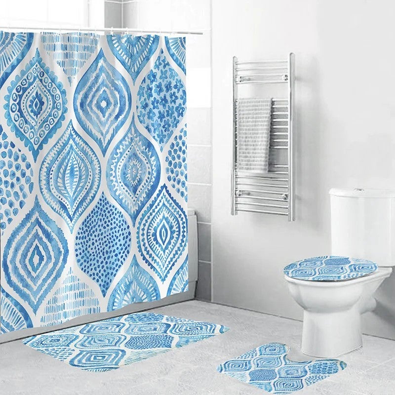 Y&D 4Pcs Boho Shower Curtain Sets Geometric Shower Curtain Sets with Rugs Shower Curtain with 12 Hooks for Bathroom Set Decor - Image 1