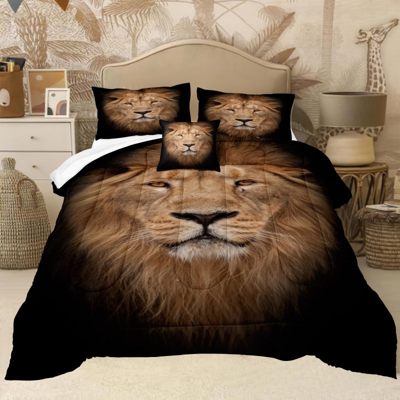 Bedorm Lion Comforter Set Queen Size Wild Animal Bedding Comforter Set Black Lion Safari Wildlife Theme 3D Animal Pattern Boys Teens Kids African Down Comforter Queen Size Bed Set - Image 1