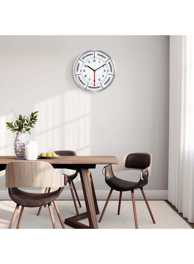 Lafocuse 12 Inch Metal Silent Silver Day of The Week Clock for Living Room Decor Bedroom Office, Unique Retirement Clock for Elderly, Day Clocks for Seniors, Retirement Gifts for Men/Women - Image 3
