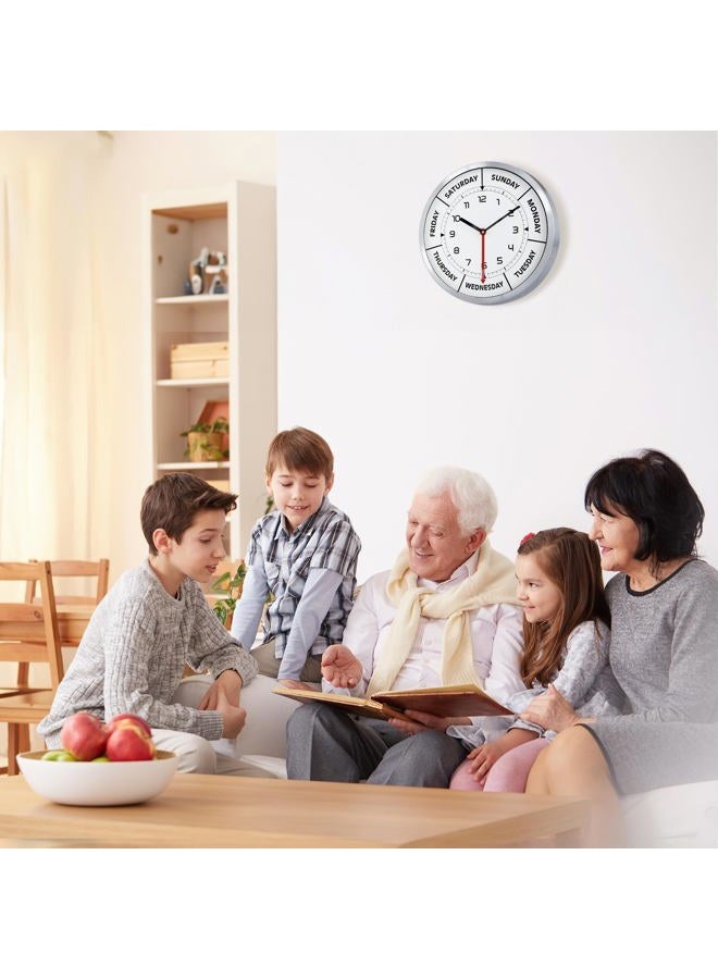 Lafocuse 12 Inch Metal Silent Silver Day of The Week Clock for Living Room Decor Bedroom Office, Unique Retirement Clock for Elderly, Day Clocks for Seniors, Retirement Gifts for Men/Women - Image 4