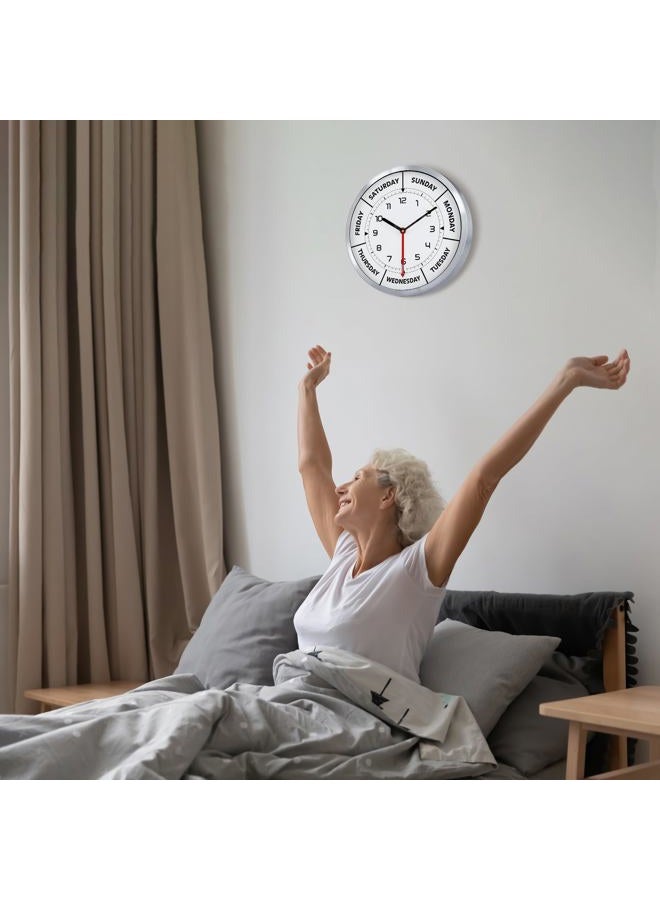 Lafocuse 12 Inch Metal Silent Silver Day of The Week Clock for Living Room Decor Bedroom Office, Unique Retirement Clock for Elderly, Day Clocks for Seniors, Retirement Gifts for Men/Women - Image 5