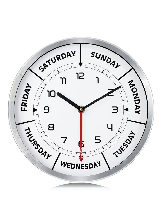 Lafocuse 12 Inch Metal Silent Silver Day of The Week Clock for Living Room Decor Bedroom Office, Unique Retirement Clock for Elderly, Day Clocks for Seniors, Retirement Gifts for Men/Women - Image 1