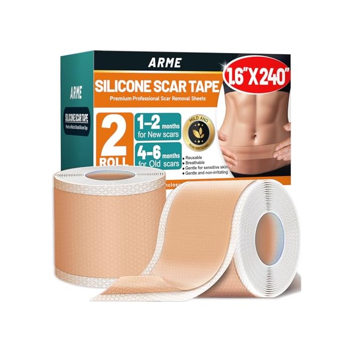 Arme Silicone Scar Tape, 1.6" x 240" Silicone Scar Sheets(2 Rolls-6M), Medical Grade Scar Tape Removal Sheets for Surgical Scars, Reusable Scar Removal Strips for Tummy Tuck C-Section Keloid