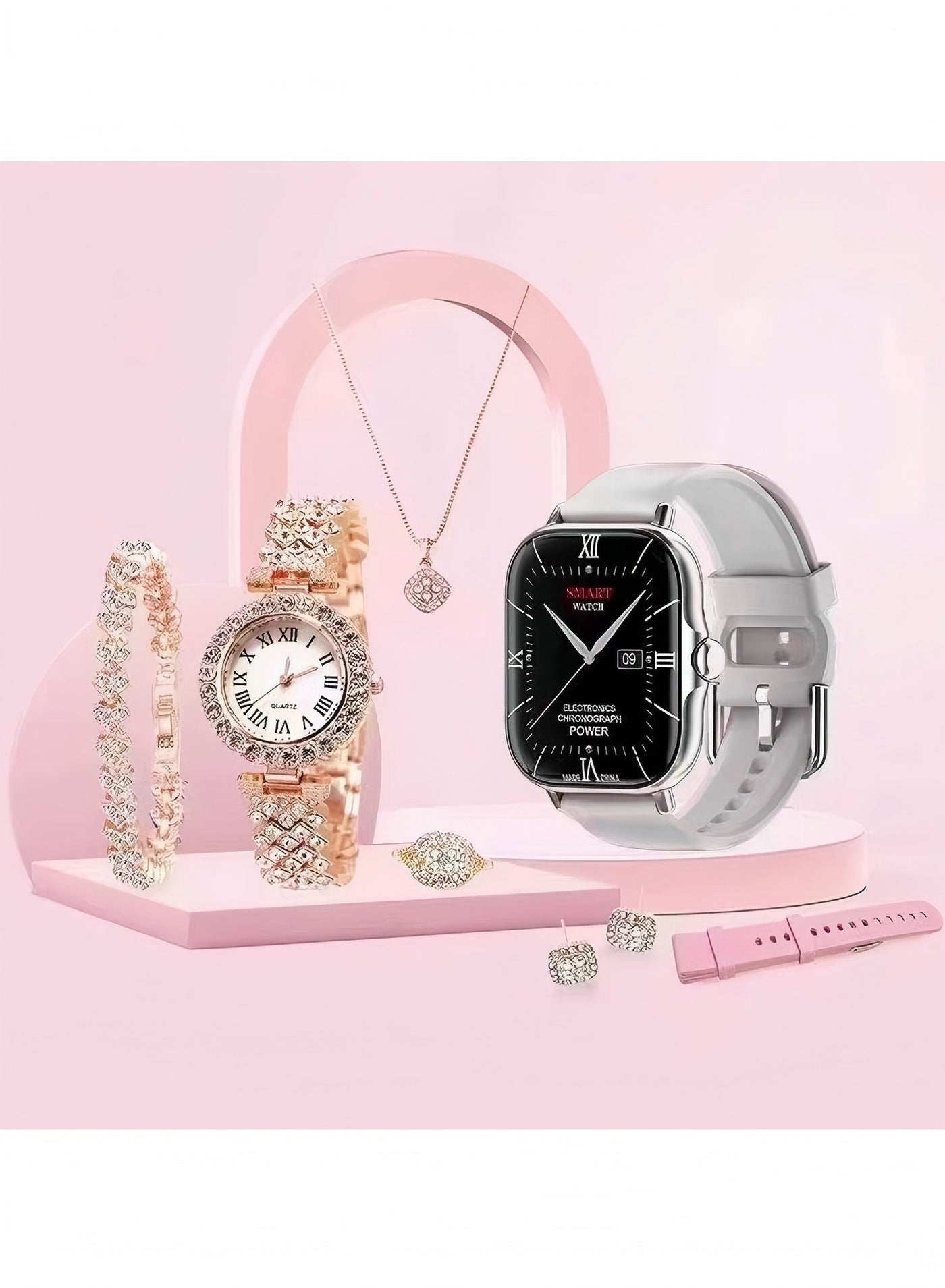 PRO 7 in 1 Ultra Watch Series 9 Smart Watch for Women and Golden Mechanical Watch with Silicon Band and 1 Golden Bracelet and 1 Pendant and 1 pair of Stud Earrings and ring