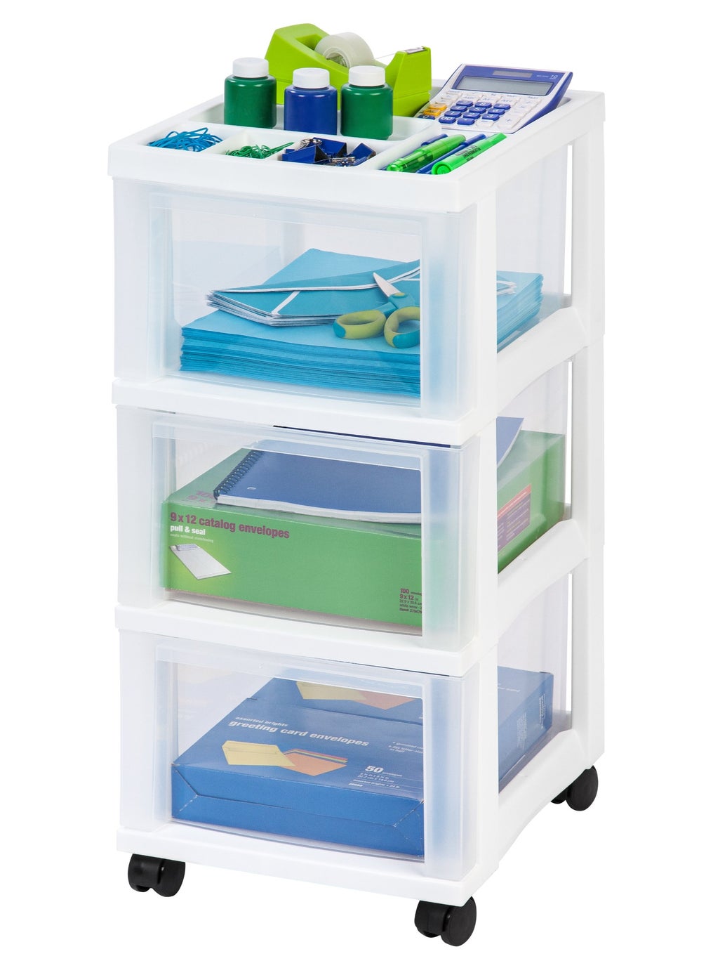 IRIS IRIS USA Plastic Drawer Storage Organizer Rolling Cart with Wheels Casters 3Drawers for Classroom Art Craft Supplies Dresser Closet Bathroom Dorm Bedroom Laundry Room WhiteClear 