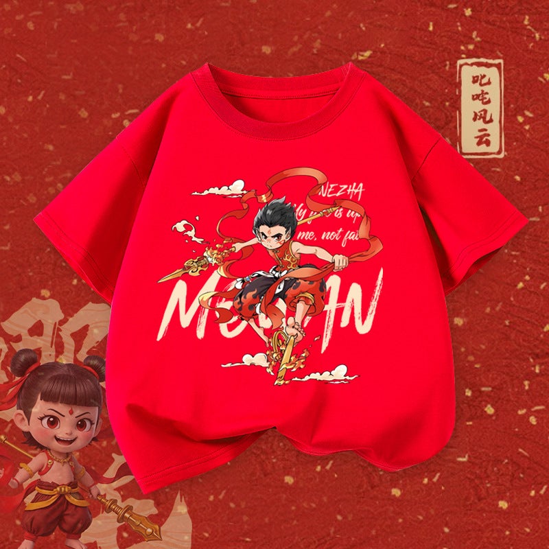 Boys' Pure Cotton Short-Sleeved Nezha Cartoon Summer Style Medium And Large Kidsren'S Loose Kidsren'S Casual Breathable T-Shirt - Image 1