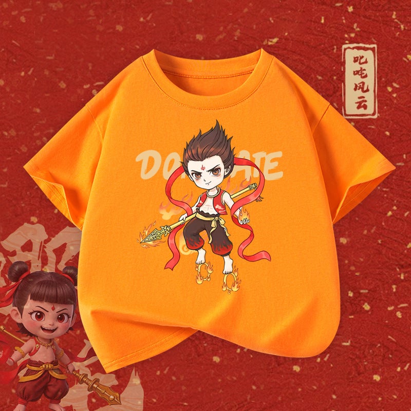 Boys' Pure Cotton Short-Sleeved Nezha Cartoon Summer Style Medium And Large Kidsren'S Loose Kidsren'S Casual Breathable T-Shirt - Image 4