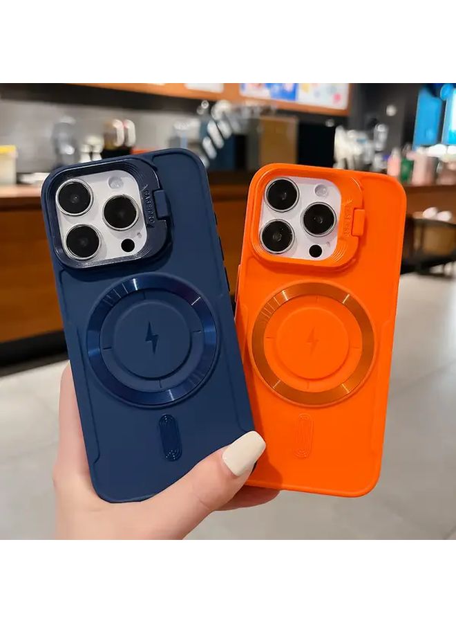 Navy Blue Magnetic Stand Phone Case For iPhone 14 Pro With Glass Lens Protection - Image 1