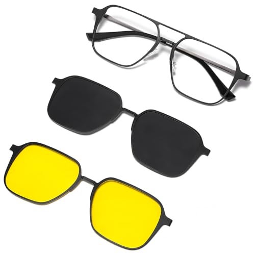 TEAPLMTT Magnetic Clip On Polarized Sunglasses for Men Duble Brige Square Night Driving Al-Mg Eyeglasses(Black) - Image 1