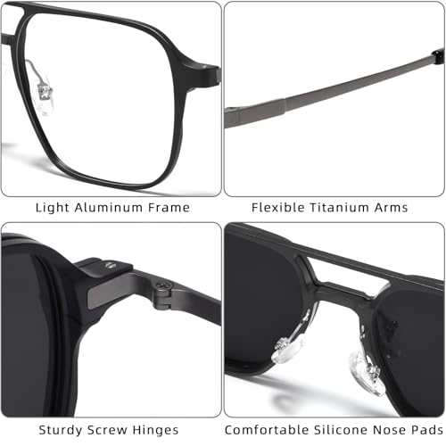 TEAPLMTT Magnetic Clip On Polarized Sunglasses for Men Duble Brige Square Night Driving Al-Mg Eyeglasses(Black) - Image 3