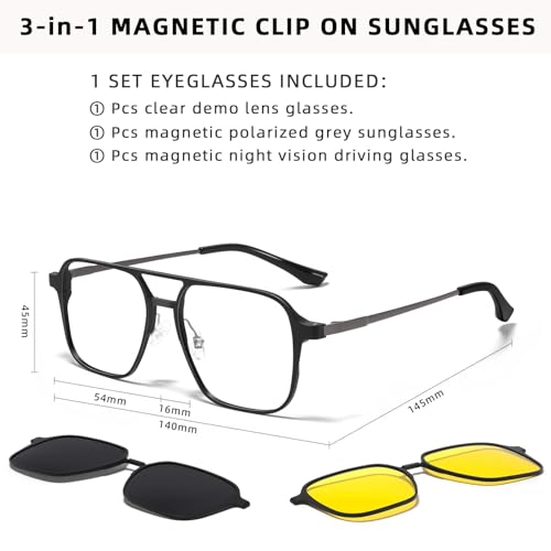 TEAPLMTT Magnetic Clip On Polarized Sunglasses for Men Duble Brige Square Night Driving Al-Mg Eyeglasses(Black) - Image 4