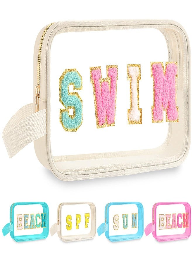 Kacctyen Letter Clear Makeup Bags Swim Pouch Cute Preppy Patch Clear Travel Bag with Zipper Small Chenille Nylon Cosmetics Waterproof Sandproof Bags Toiletry Storage Snack Sunscreen Pouch for Women - Image 1