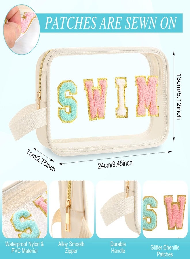 Kacctyen Letter Clear Makeup Bags Swim Pouch Cute Preppy Patch Clear Travel Bag with Zipper Small Chenille Nylon Cosmetics Waterproof Sandproof Bags Toiletry Storage Snack Sunscreen Pouch for Women - Image 2