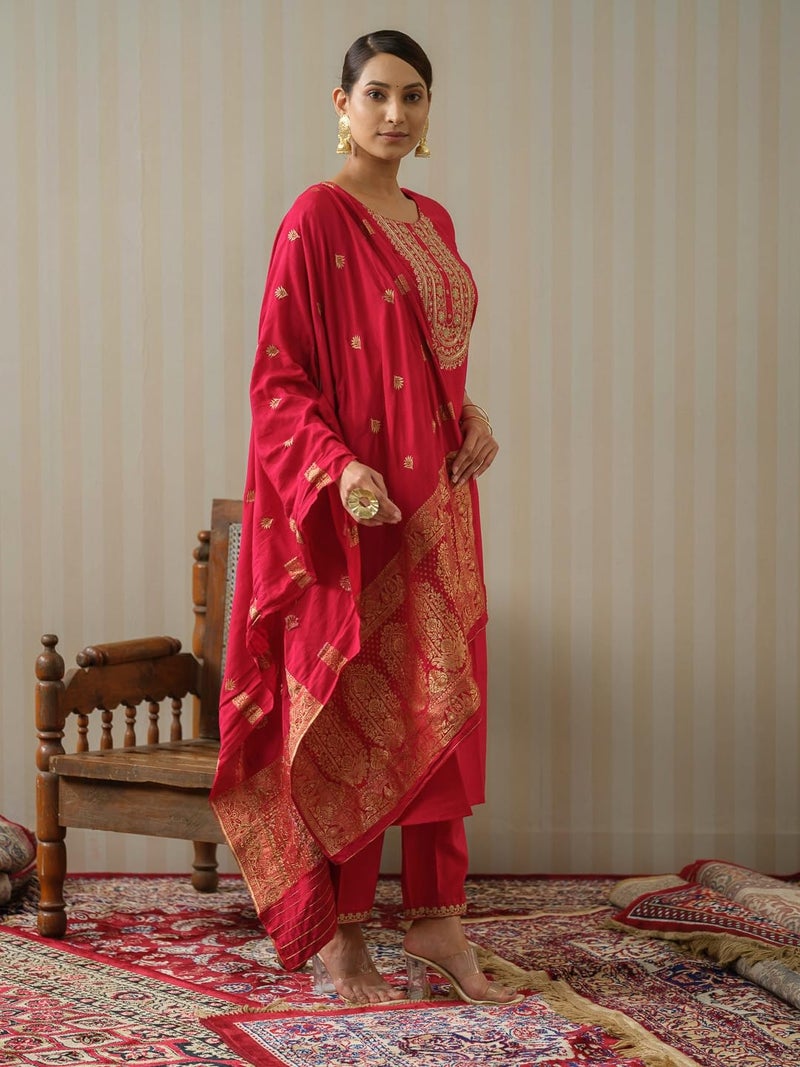 Kaari Women's Embroidered Kurti Set with Dupatta | Ethnic Suits with Embellished Dupatta | Everyday and Festive Kurti Set for Women|Red|S - Image 3