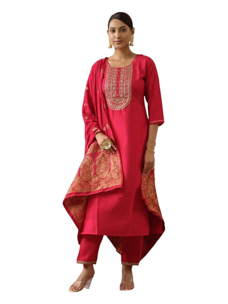 Kaari Women's Embroidered Kurti Set with Dupatta | Ethnic Suits with Embellished Dupatta | Everyday and Festive Kurti Set for Women|Red|S - Image 1